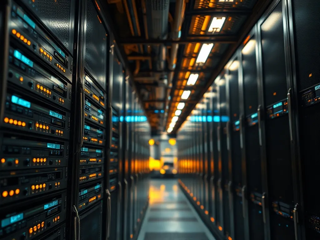A high-tech server room with bronze lighting, macro shot of