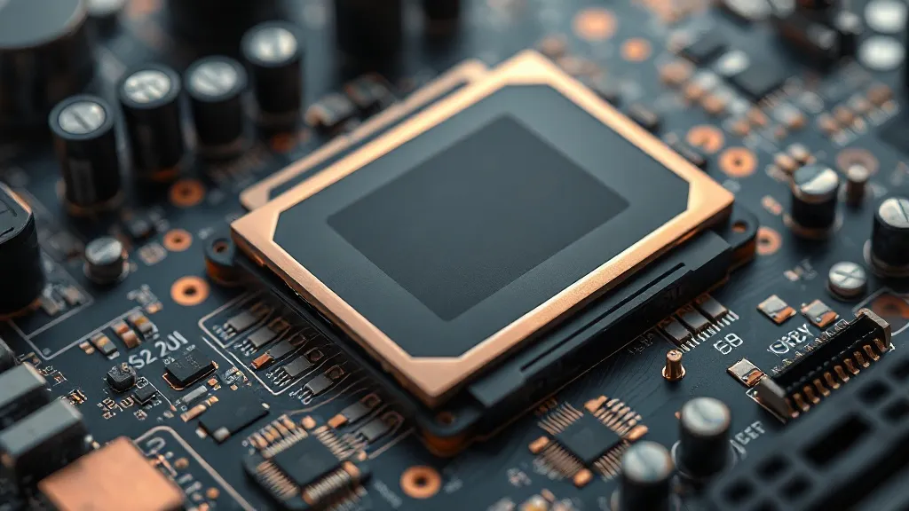 Close up of a modern GPU circuit board, bronze and copper me