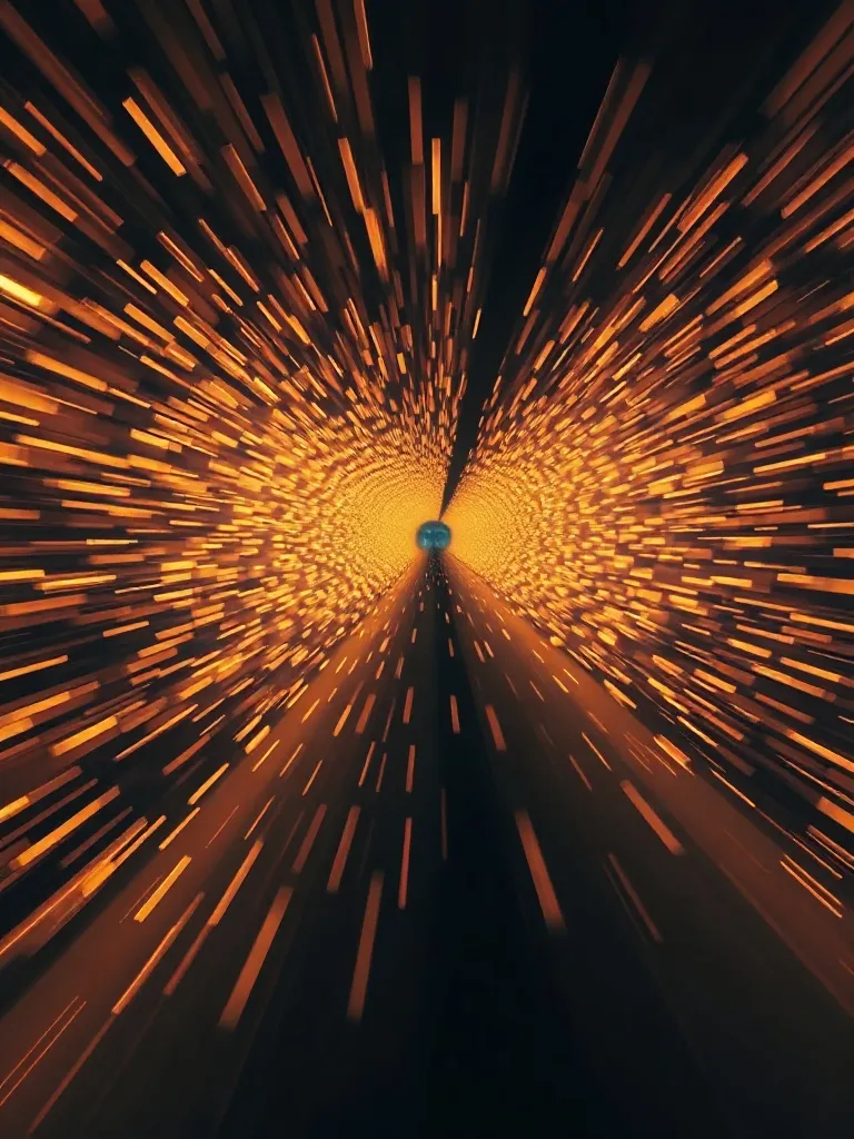 Motion blur of light particles moving through a dark tunnel,