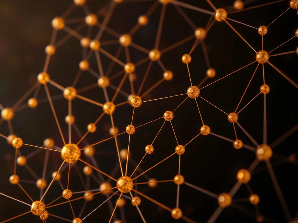 Abstract visualization of a neural network, glowing bronze n