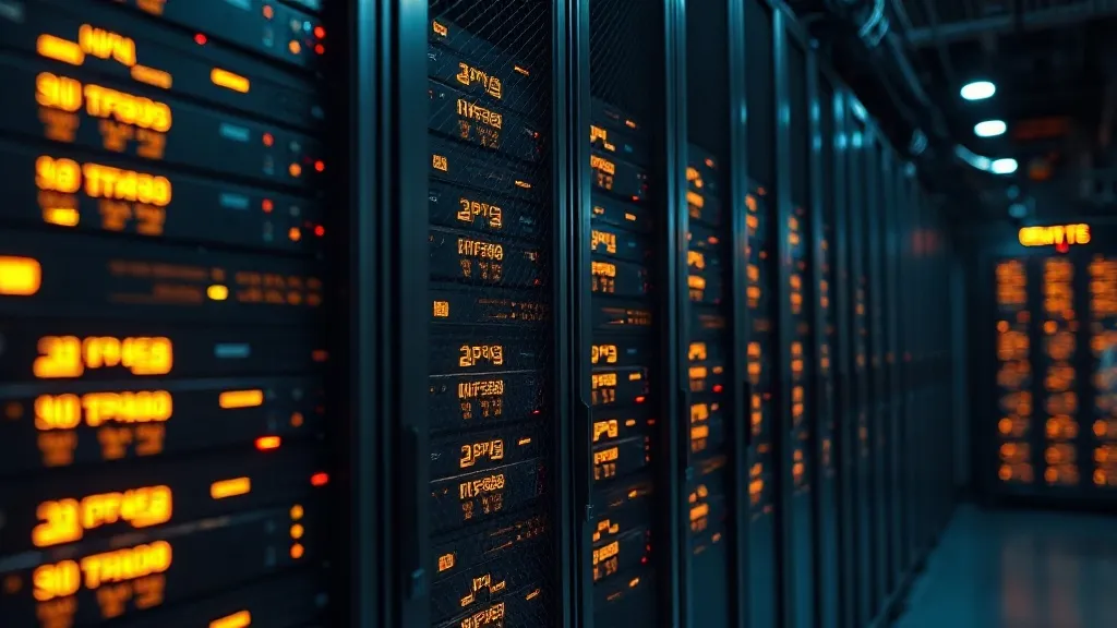A detailed shot of server racks with glowing bronze and ambe