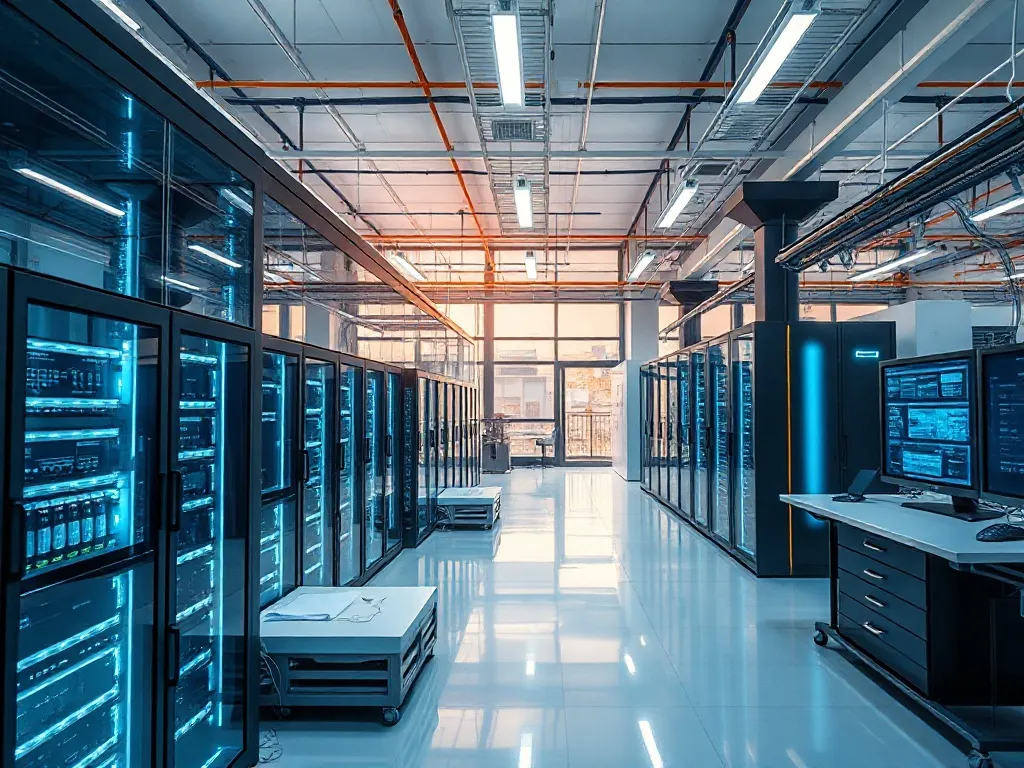 A high-tech research laboratory with computer servers and sc