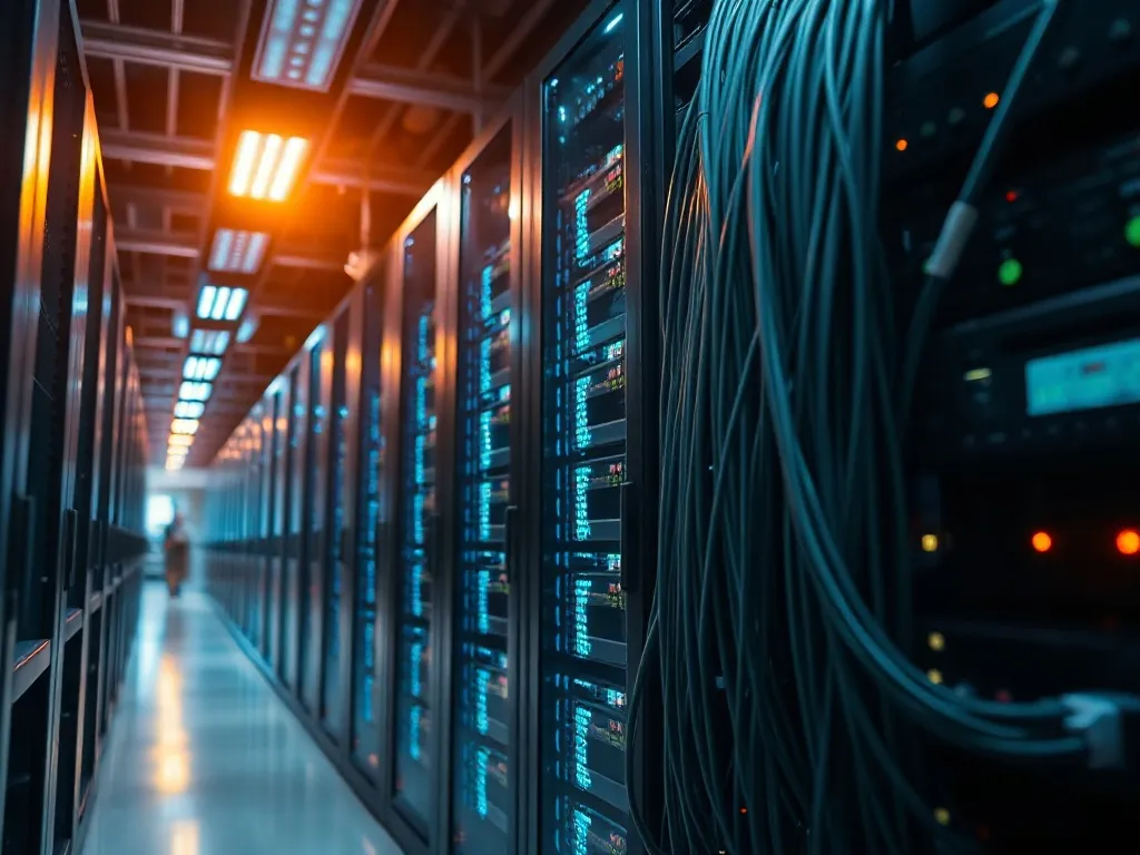 High-tech server room with bronze lighting, focus on data ca