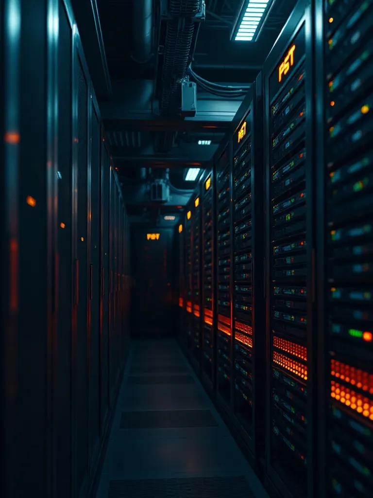 Modern data center with glowing status lights, racks of serv