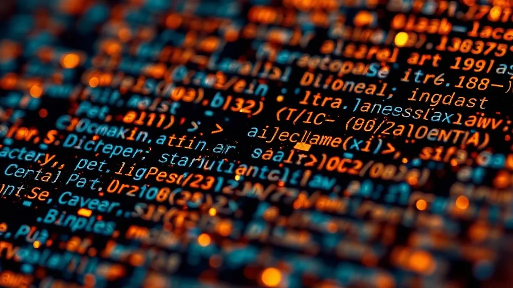 Microscopic view of digital code fragments, bronze glowing e